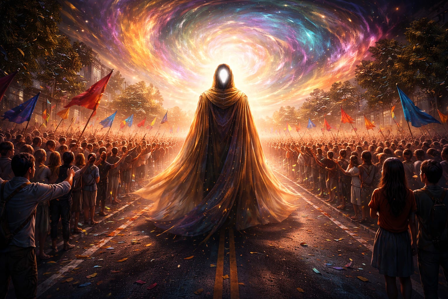 A surreal, dreamlike depiction of a crowd looking up at a giant political poster in the sky, symbolizing the mass hallucination of our time and collective hypnosis.