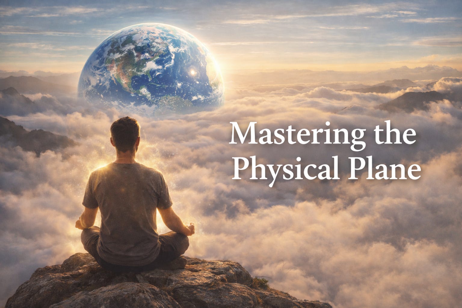 A grounded, glowing figure sitting peacefully in a dense forest, symbolizing the integration of light and matter, and mastering the physical plane through embodiment.