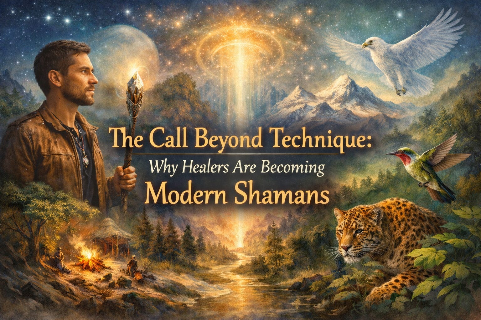 A symbolic illustration of a modern shamans bridging the physical and energetic worlds, representing the Avatar Master Healer path.