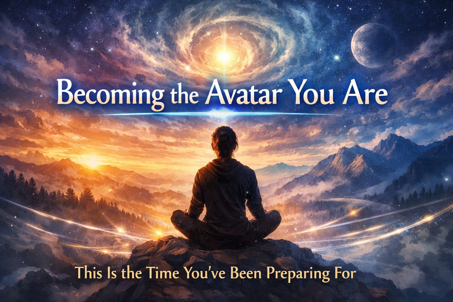 A radiant silhouette of a person standing on Earth, transmitting glowing light into the atmosphere, symbolizing the process of becoming the avatar and building the planetary lightfield.