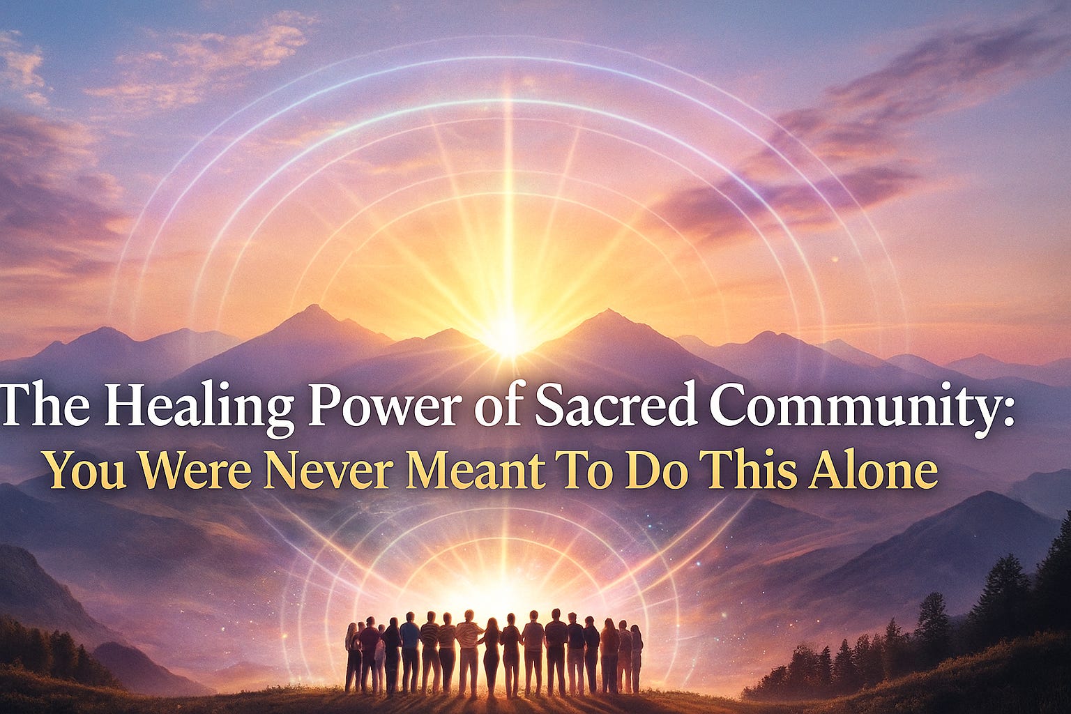 A glowing circle of people holding hands in nature, representing the Group Body, coherence, and the healing power of sacred community.